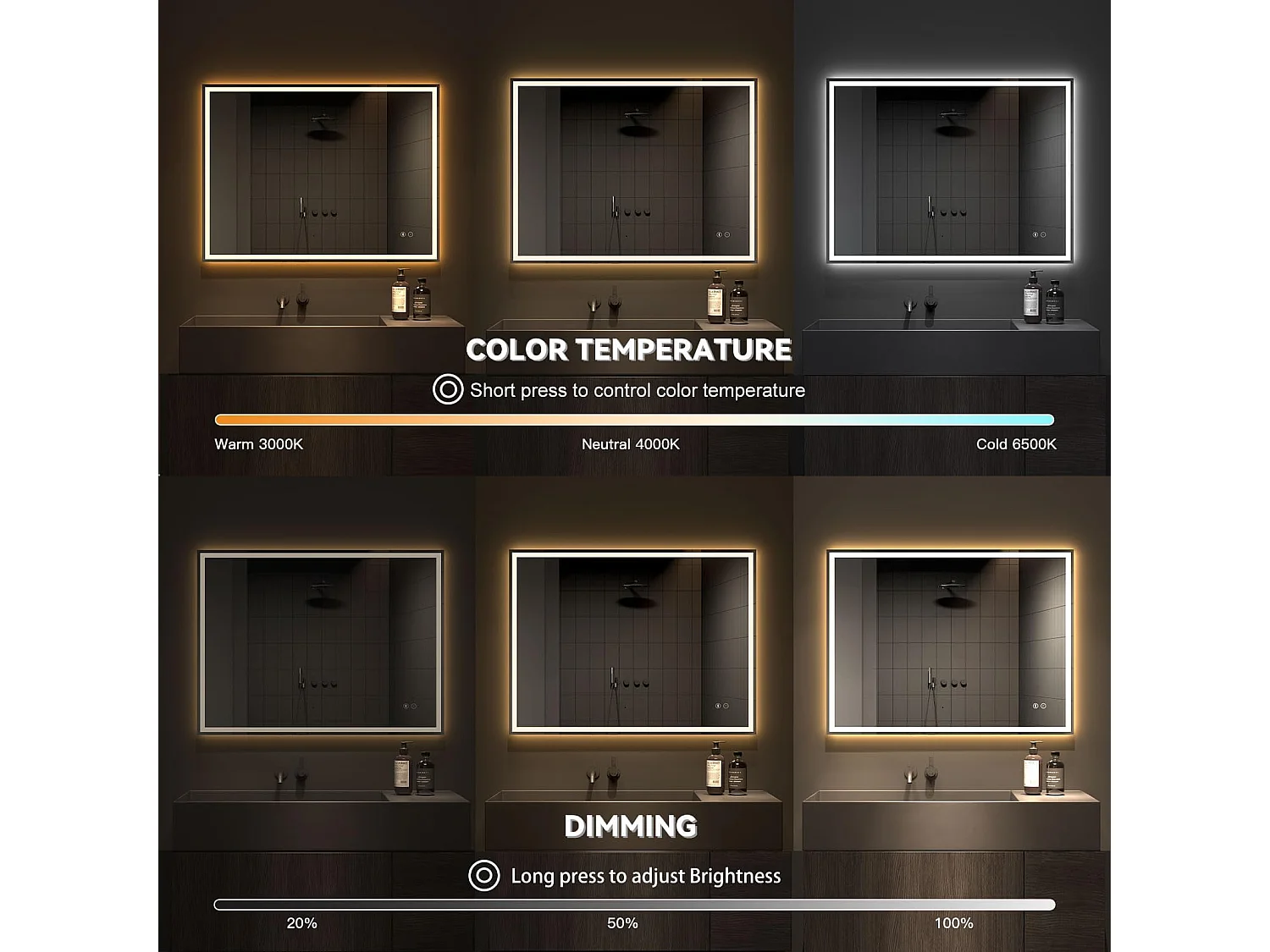 Specchio da bagno a LED 60x80cm Bluetooth, antiappannamento, 3 colori, dimmerabile, presa per rasoio, interruttore touch, memoria