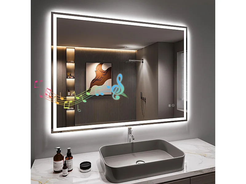 Miroir Salle de Bain LED 60x80cm Bluetooth, Anti-buée, 3 Couleurs, Dimmable, Prise Rasoir, Interrupteur Tactile, Mémoire
