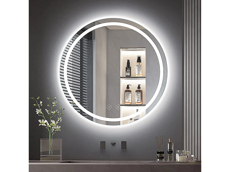 Miroir Salle de Bain LED Rond 50cm avec Anti-buée, 3 Couleurs Dimmable, Mémoire, Verre Trempé HD, Capteur Tactile, IP44