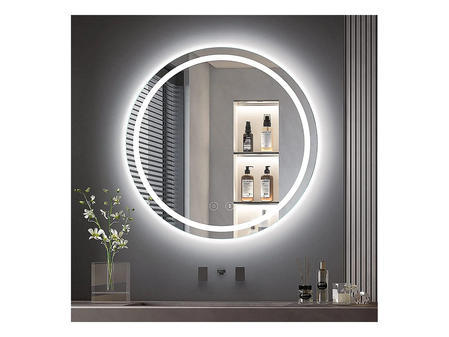 Miroir Salle de Bain LED Rond 50cm avec Anti-buée, 3 Couleurs Dimmable, Mémoire, Verre Trempé HD, Capteur Tactile, IP44