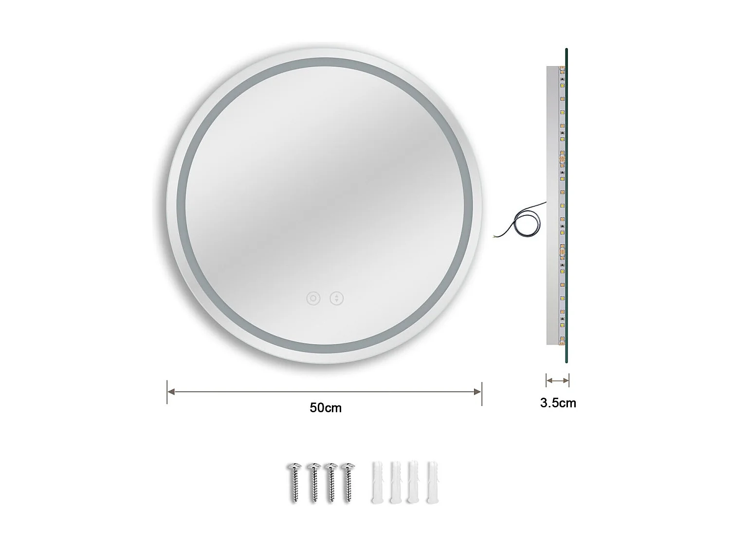 Miroir Salle de Bain LED Rond 50cm avec Anti-buée, 3 Couleurs Dimmable, Mémoire, Verre Trempé HD, Capteur Tactile, IP44