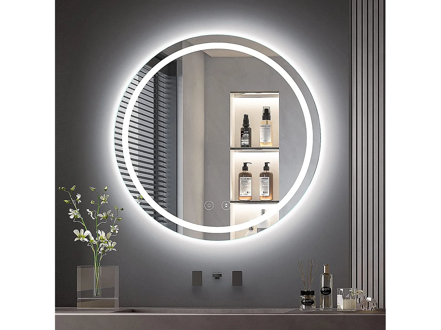 Miroir Salle de Bain LED Rond 50cm avec Anti-buée, 3 Couleurs Dimmable, Mémoire, Verre Trempé HD, Capteur Tactile, IP44
