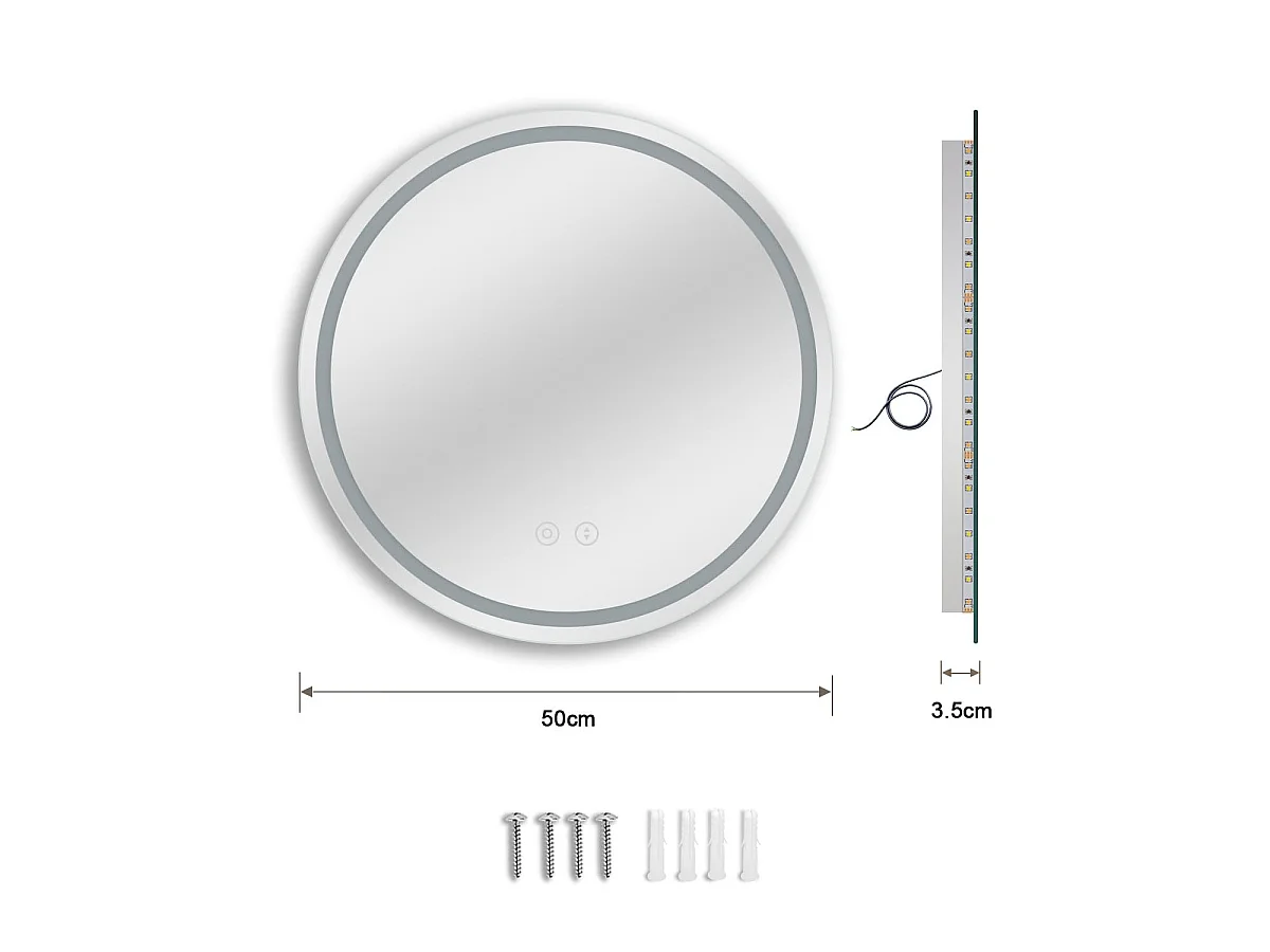 Miroir Salle de Bain LED Rond 50cm avec Anti-buée, 3 Couleurs Dimmable, Mémoire, Verre Trempé HD, Capteur Tactile, IP44
