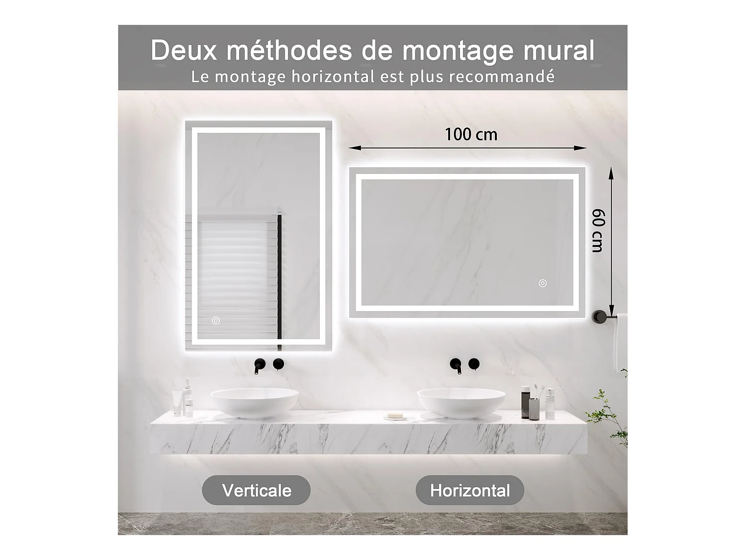 Specchio da bagno 100x60cm LED 30W, antiappannamento, risparmio energetico, bianco freddo 6400K, interruttore touch