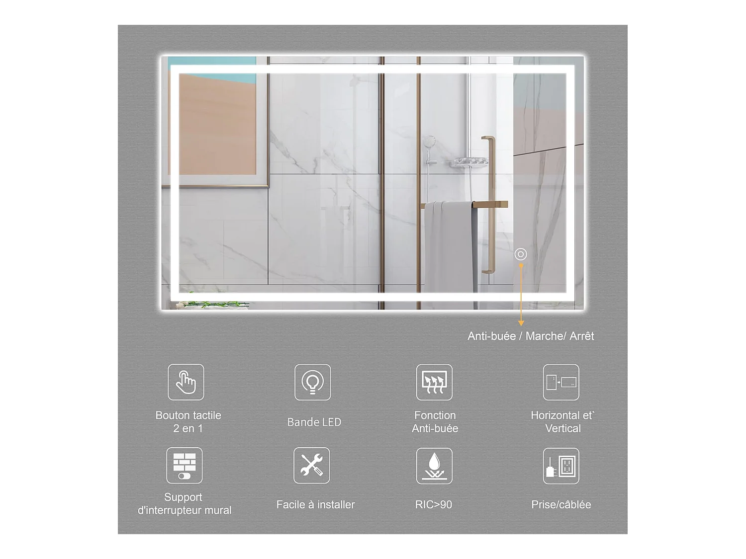 Specchio da bagno 100x60cm LED 30W, antiappannamento, risparmio energetico, bianco freddo 6400K, interruttore touch