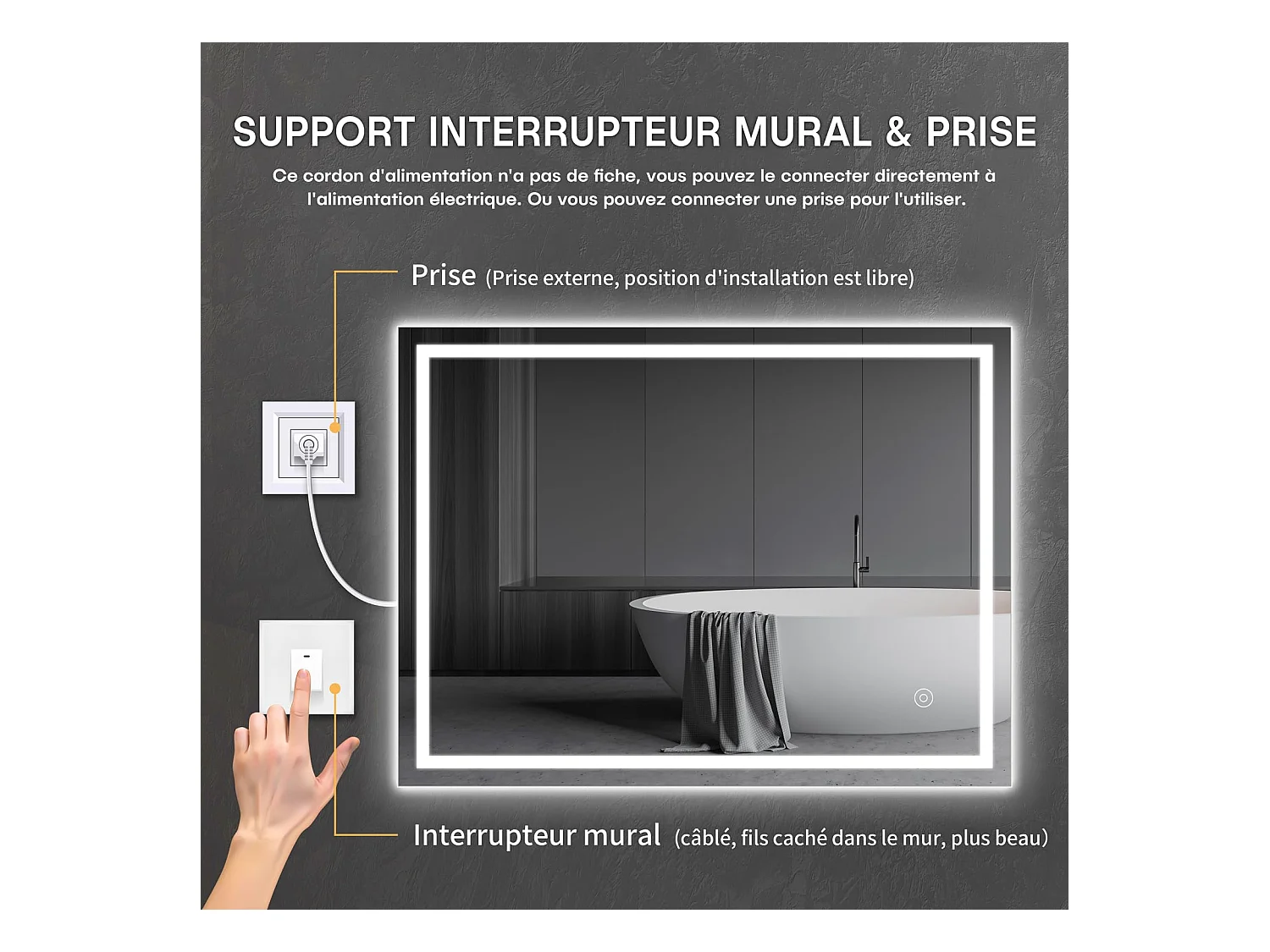 Specchio da bagno 100x60cm LED 30W, antiappannamento, risparmio energetico, bianco freddo 6400K, interruttore touch