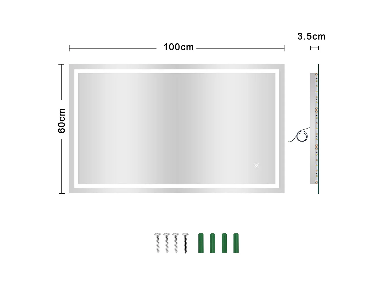 Specchio da bagno 100x60cm LED 30W, antiappannamento, risparmio energetico, bianco freddo 6400K, interruttore touch