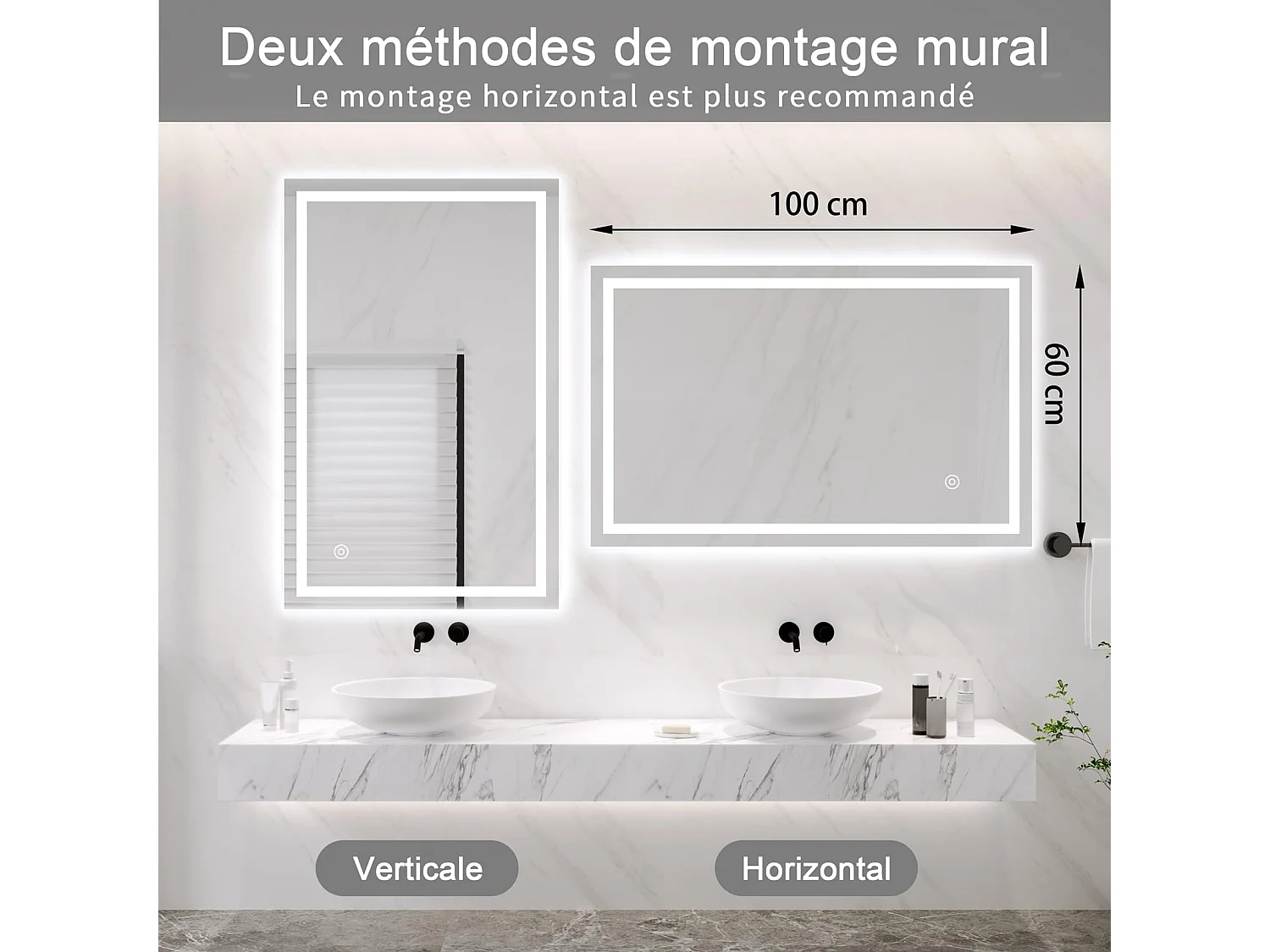 Specchio da bagno 100x60cm LED 30W, antiappannamento, risparmio energetico, bianco freddo 6400K, interruttore touch