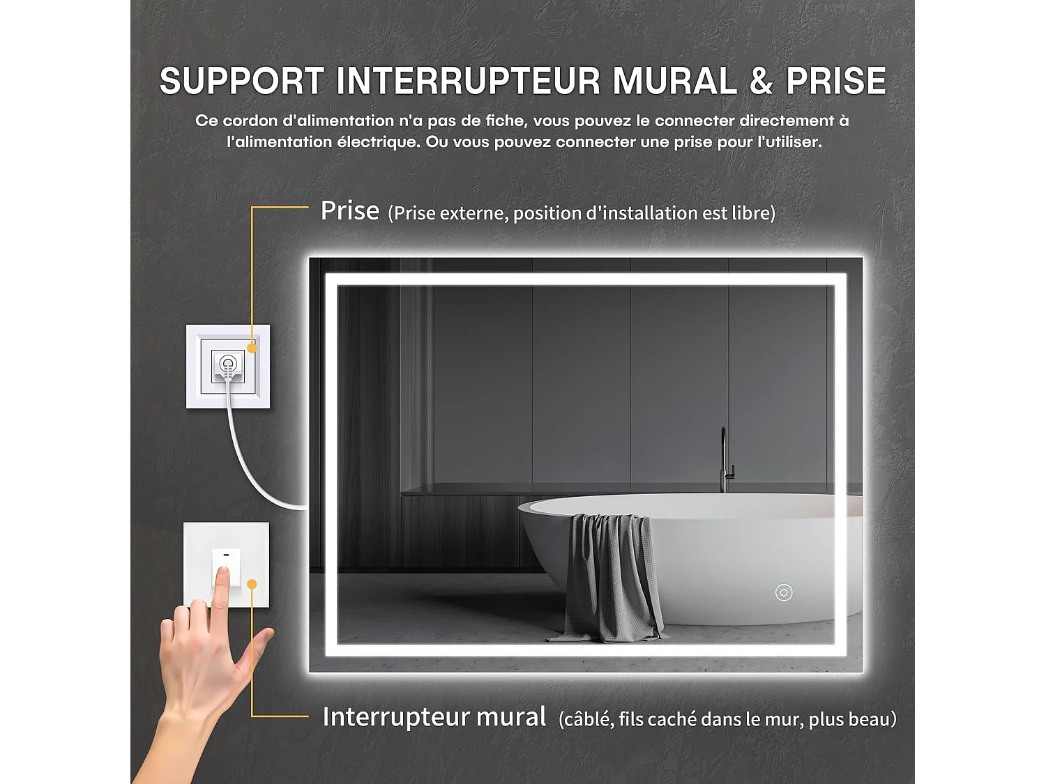 Specchio da bagno 100x60cm LED 30W, antiappannamento, risparmio energetico, bianco freddo 6400K, interruttore touch