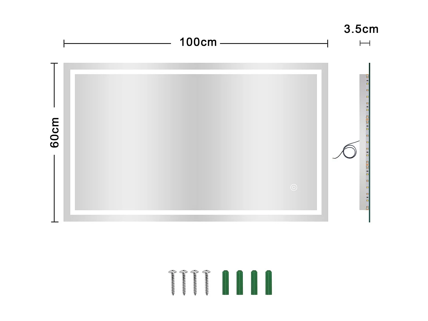 Specchio da bagno 100x60cm LED 30W, antiappannamento, risparmio energetico, bianco freddo 6400K, interruttore touch