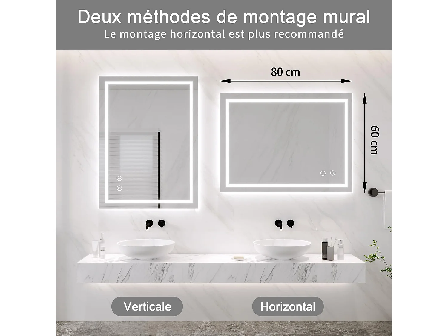 Specchio da bagno 60x80cm, LED 30W, antiappannamento, dimmerabile in 3 colori, interruttore touch, antideflagrante, memoria, impermeabile IP44