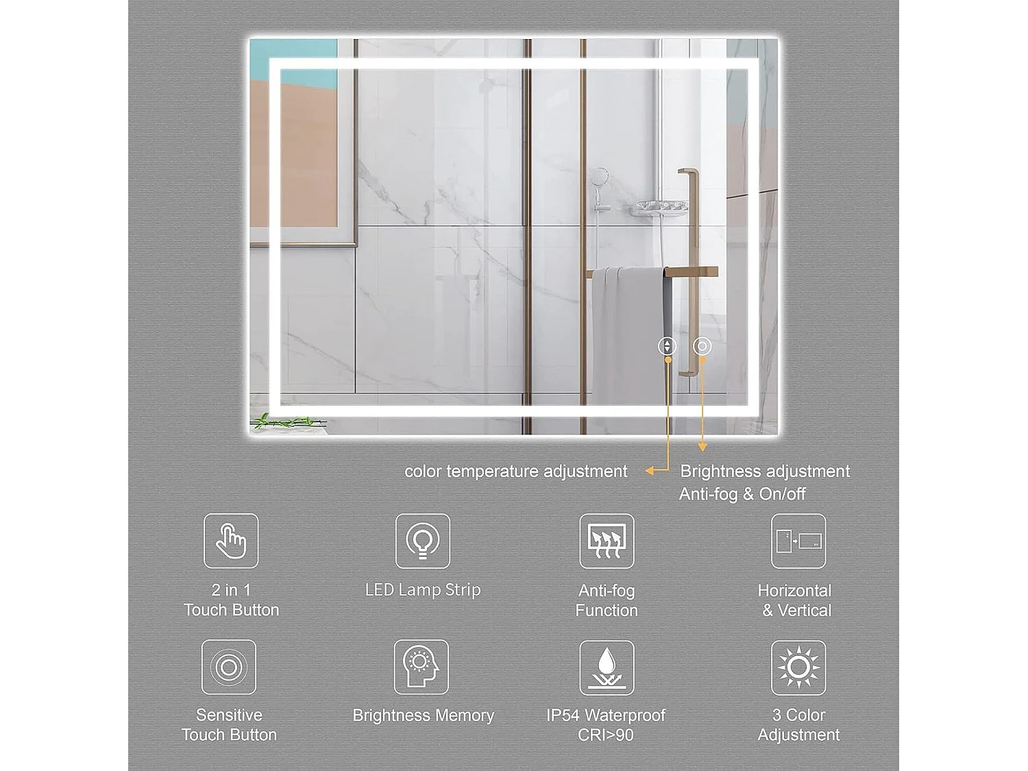 Specchio da bagno 60x80cm, LED 30W, antiappannamento, dimmerabile in 3 colori, interruttore touch, antideflagrante, memoria, impermeabile IP44