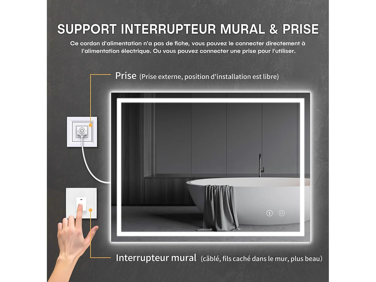 Specchio da bagno 60x80cm, LED 30W, antiappannamento, dimmerabile in 3 colori, interruttore touch, antideflagrante, memoria, impermeabile IP44