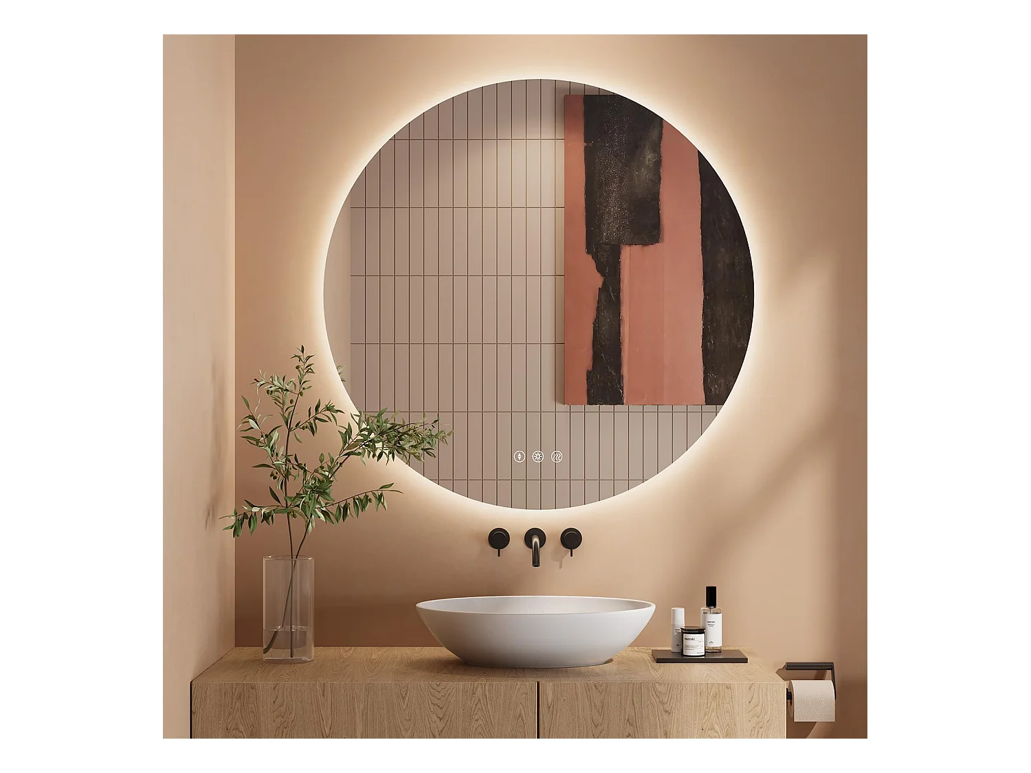 Specchio da bagno rotondo a LED da 80 cm, antiappannamento, 3 colori, dimmerabile, interruttore touch