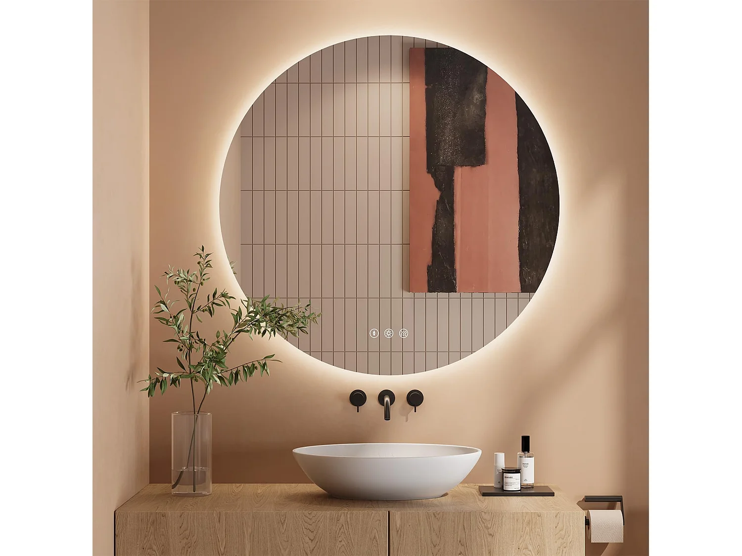 Miroir Salle de Bain LED Rond 80cm, Anti-buée, 3 Couleurs, Dimmable, Interrupteur Tactile