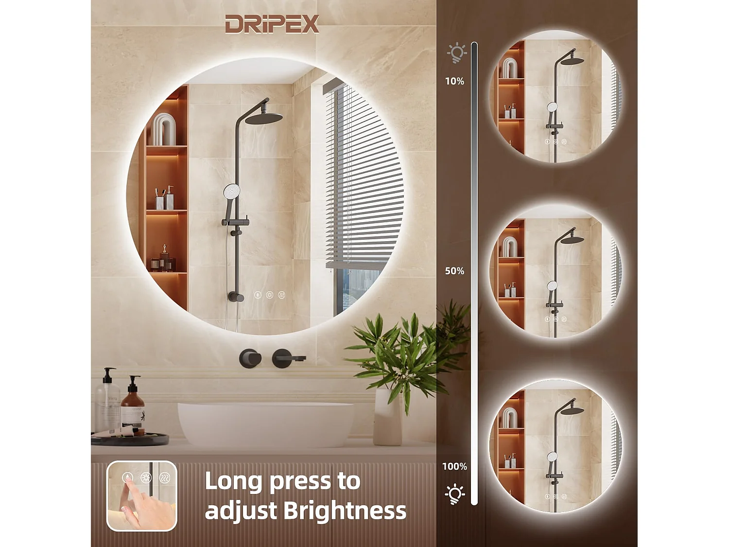 Miroir Salle de Bain LED Rond 80cm, Anti-buée, 3 Couleurs, Dimmable, Interrupteur Tactile