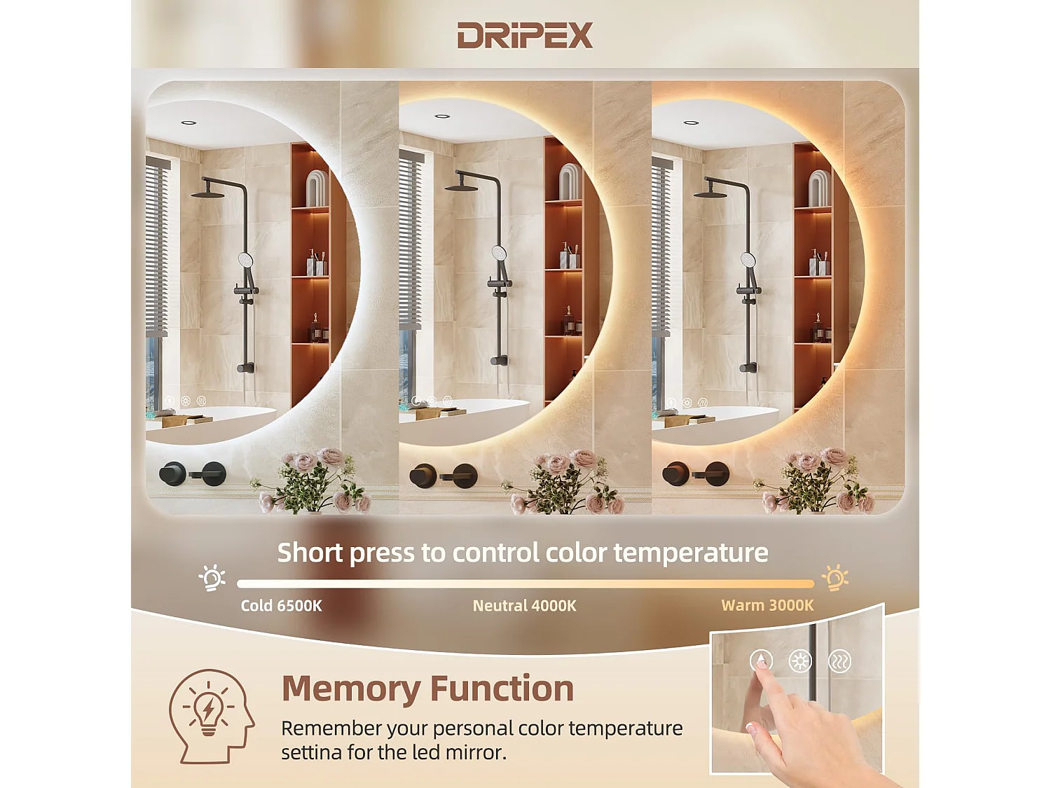 Miroir Salle de Bain LED Rond 80cm, Anti-buée, 3 Couleurs, Dimmable, Interrupteur Tactile