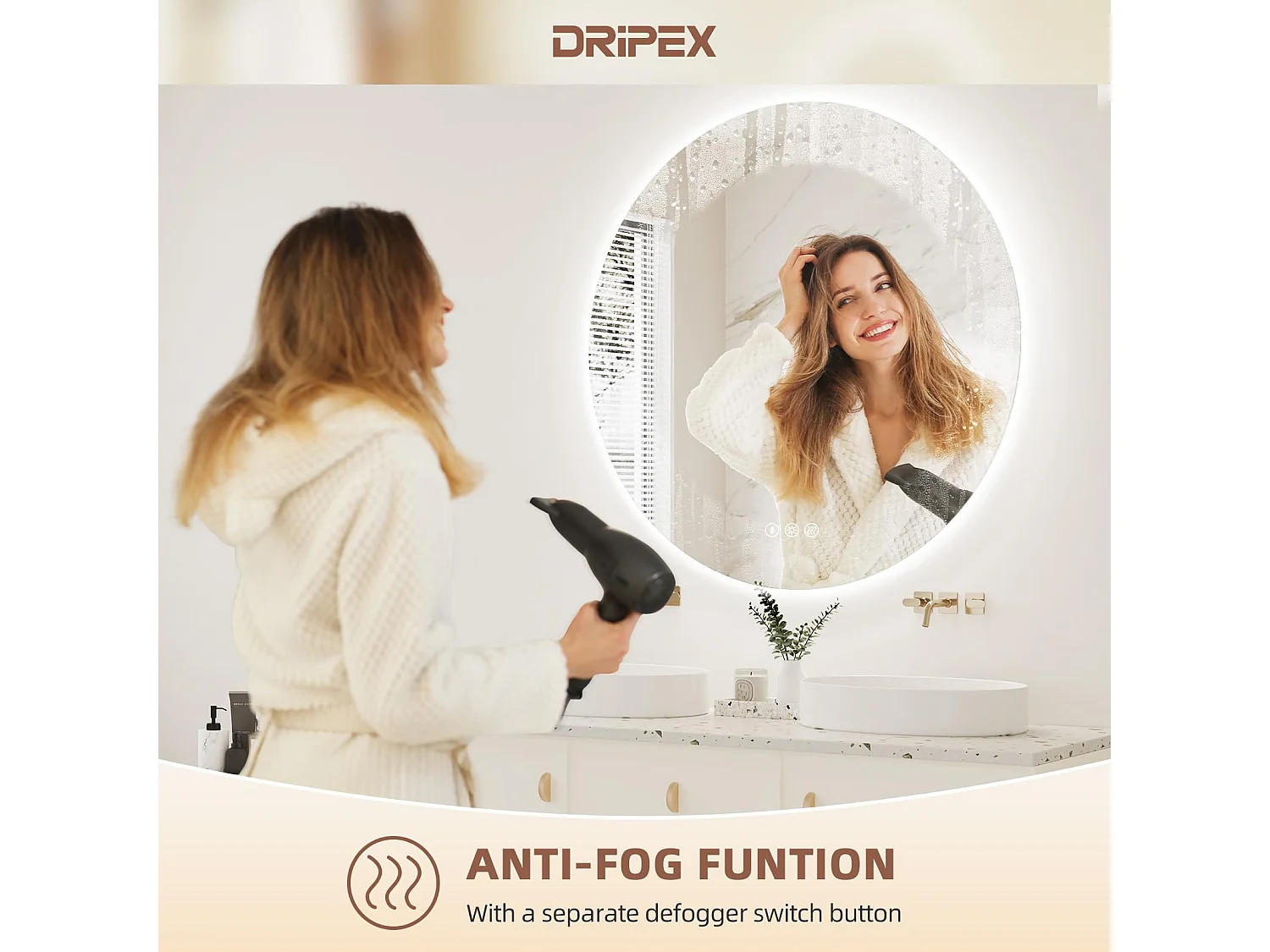 Miroir Salle de Bain LED Rond 80cm, Anti-buée, 3 Couleurs, Dimmable, Interrupteur Tactile