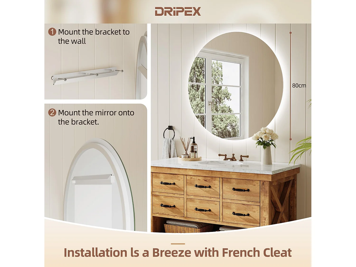 Miroir Salle de Bain LED Rond 80cm, Anti-buée, 3 Couleurs, Dimmable, Interrupteur Tactile