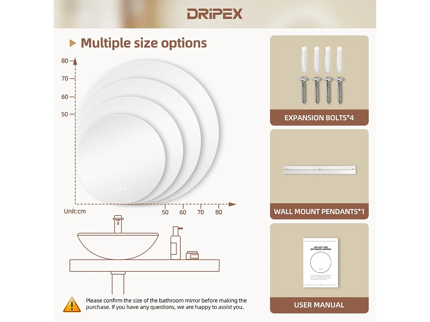 Miroir Salle de Bain LED Rond 80cm, Anti-buée, 3 Couleurs, Dimmable, Interrupteur Tactile