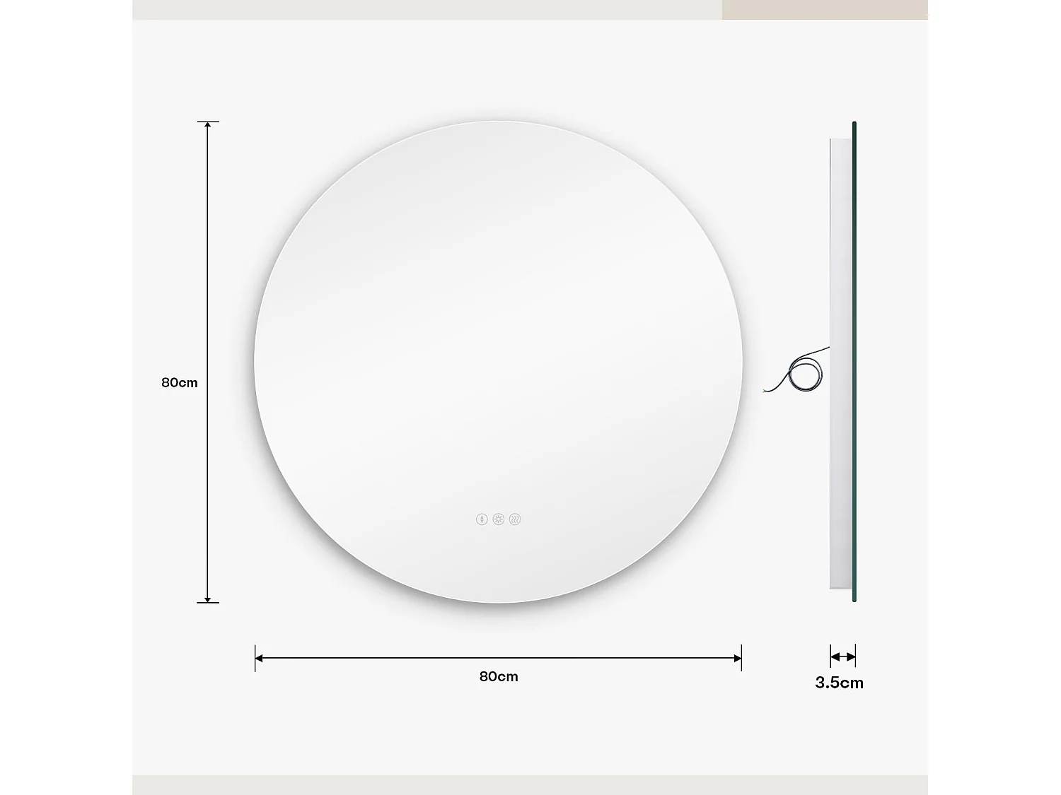 Miroir Salle de Bain LED Rond 80cm, Anti-buée, 3 Couleurs, Dimmable, Interrupteur Tactile