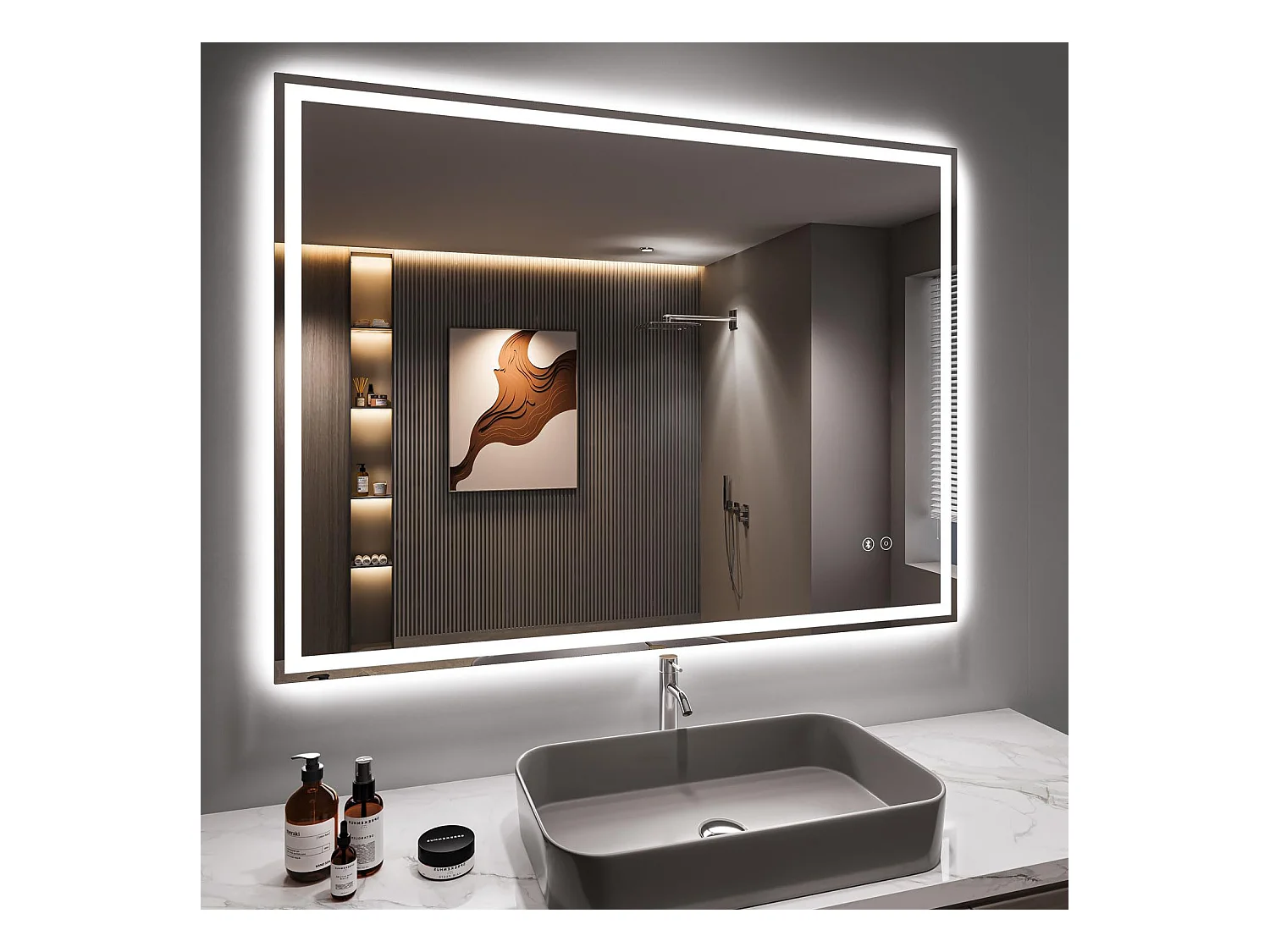 Specchio da bagno 70x50cm LED, antiappannamento, Bluetooth, 3 colori dimmerabili, presa per rasoio, IP44, specchio canterino