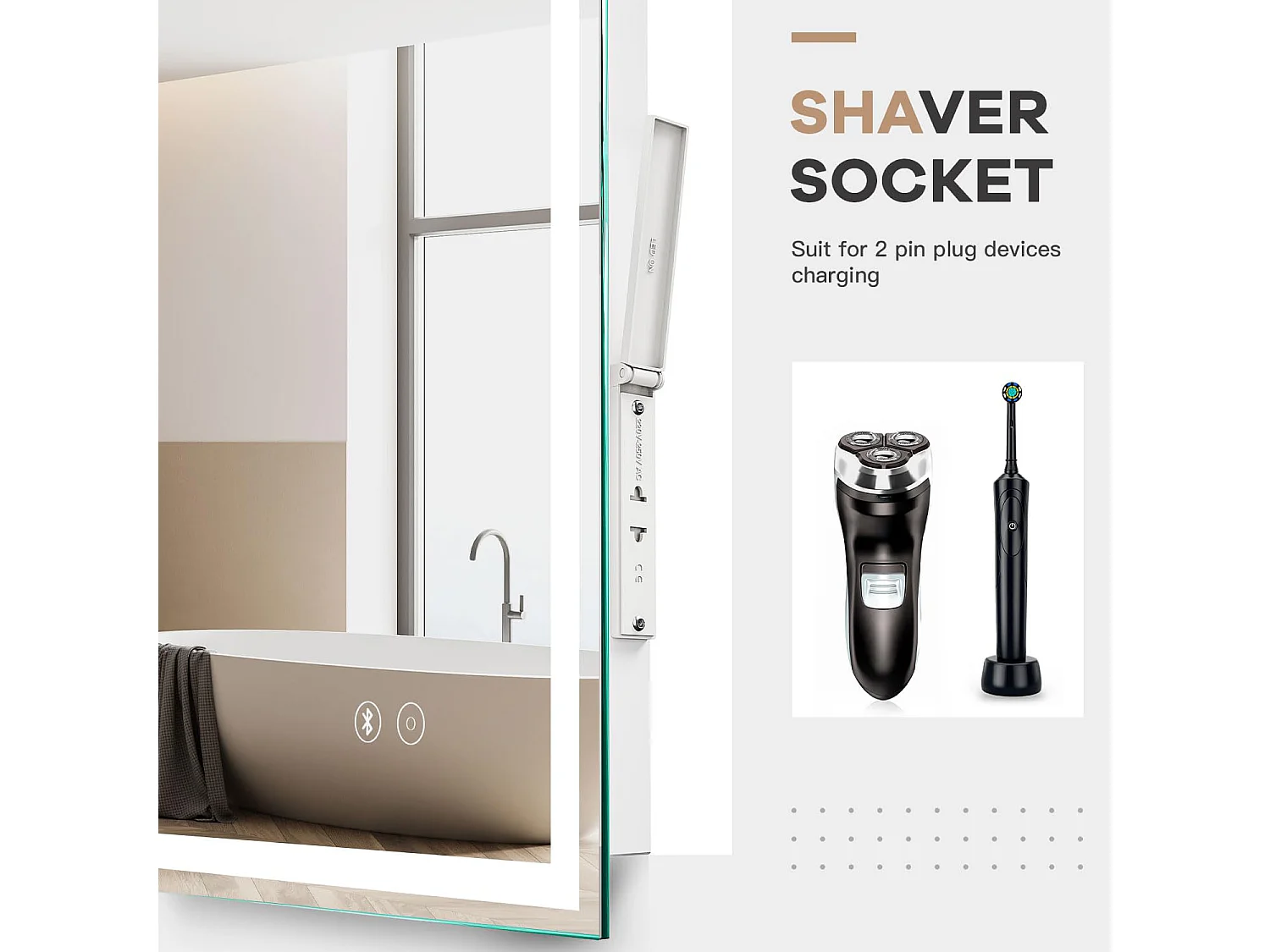 Specchio da bagno 70x50cm LED, antiappannamento, Bluetooth, 3 colori dimmerabili, presa per rasoio, IP44, specchio canterino