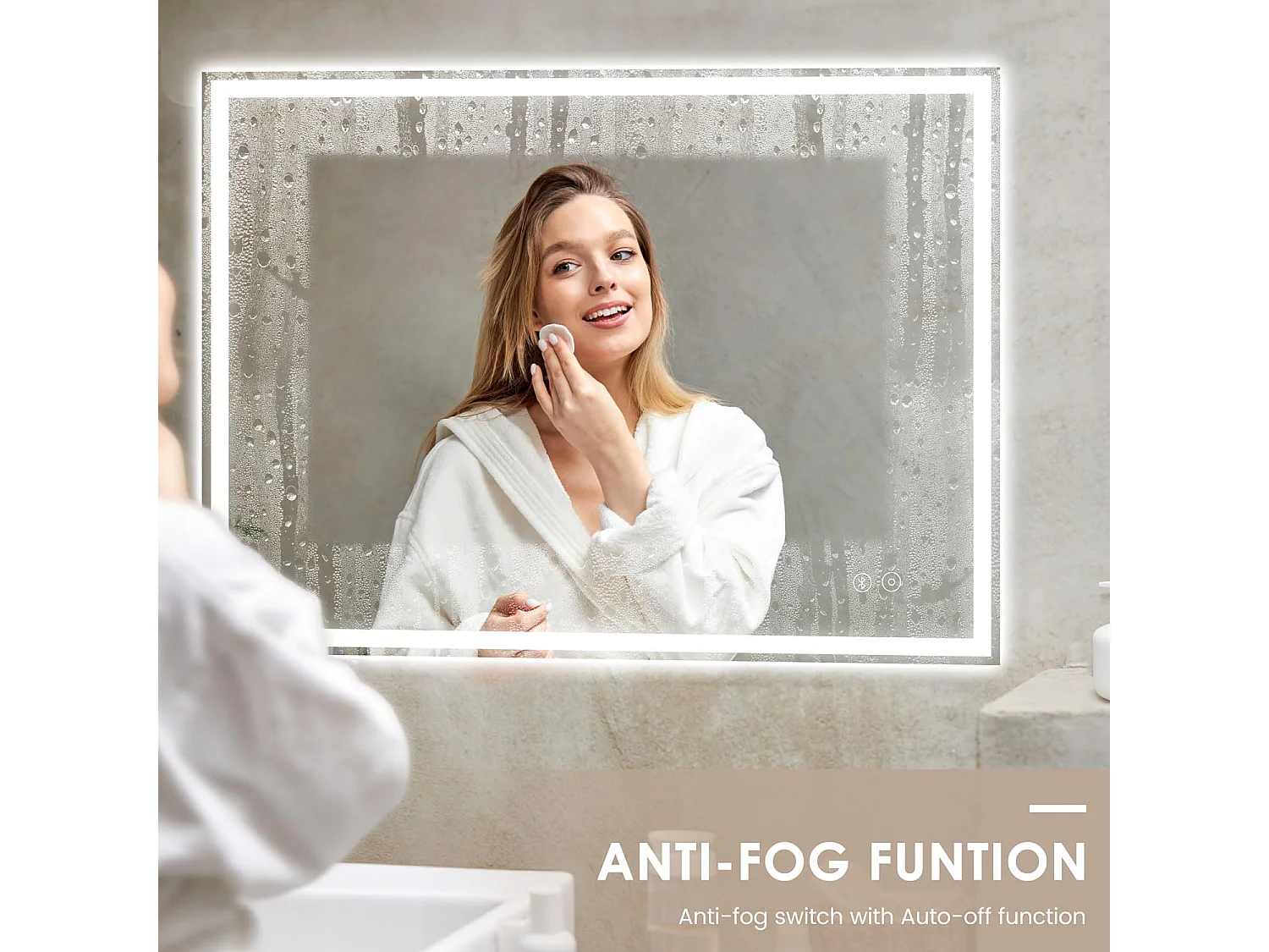 Specchio da bagno 70x50cm LED, antiappannamento, Bluetooth, 3 colori dimmerabili, presa per rasoio, IP44, specchio canterino