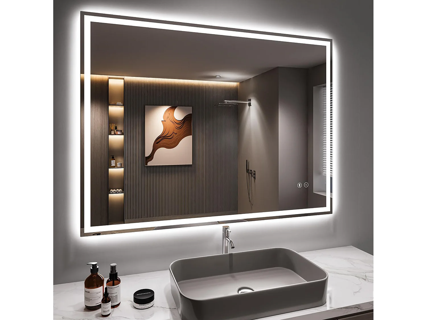 Specchio da bagno 70x50cm LED, antiappannamento, Bluetooth, 3 colori dimmerabili, presa per rasoio, IP44, specchio canterino
