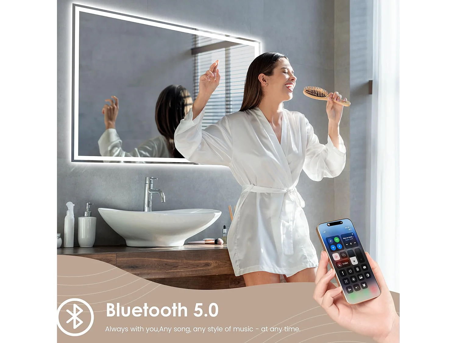 Specchio da bagno 70x50cm LED, antiappannamento, Bluetooth, 3 colori dimmerabili, presa per rasoio, IP44, specchio canterino