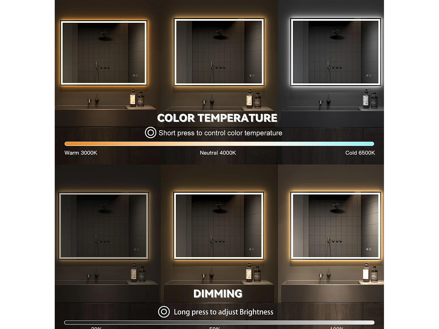 Specchio da bagno 70x50cm LED, antiappannamento, Bluetooth, 3 colori dimmerabili, presa per rasoio, IP44, specchio canterino