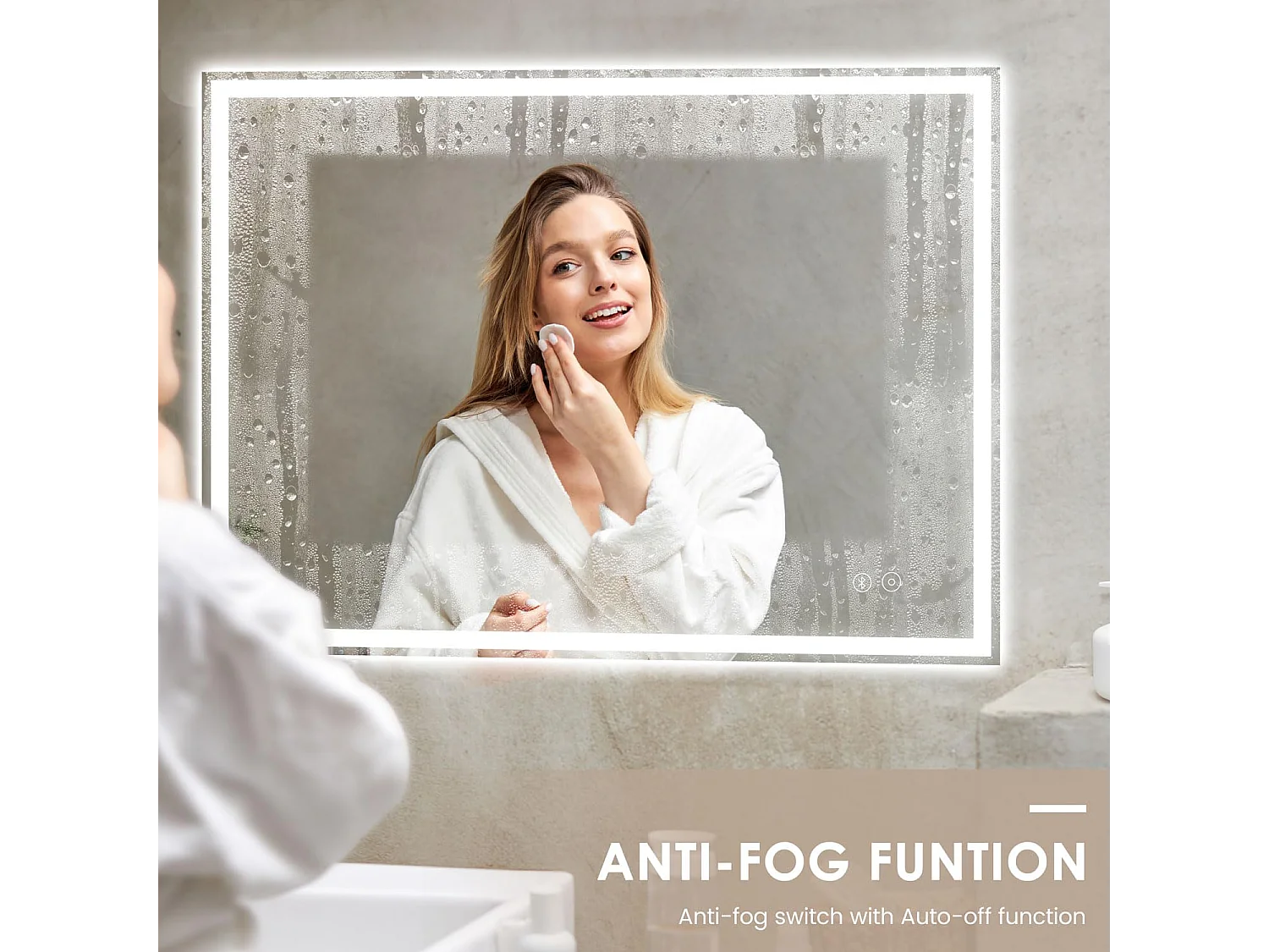 Specchio da bagno 70x50cm LED, antiappannamento, Bluetooth, 3 colori dimmerabili, presa per rasoio, IP44, specchio canterino