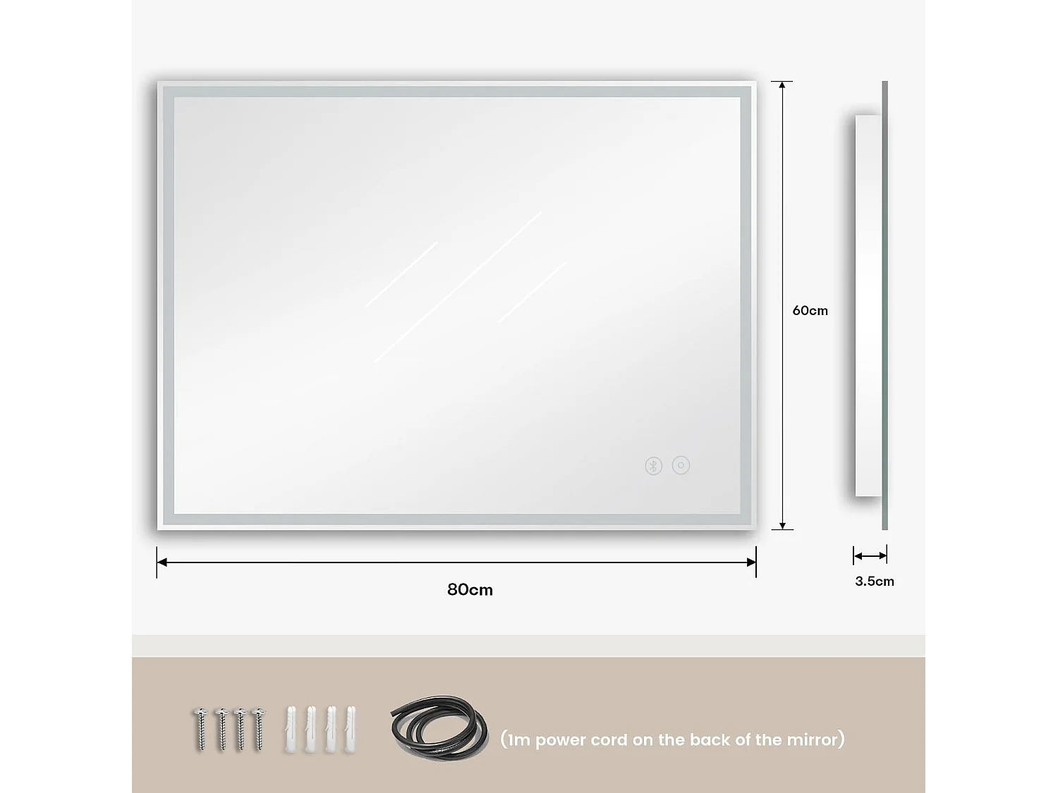 Specchio da bagno 70x50cm LED, antiappannamento, Bluetooth, 3 colori dimmerabili, presa per rasoio, IP44, specchio canterino