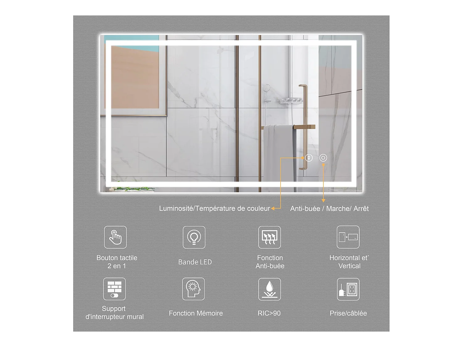 Specchio da bagno 100x60cm LED 30W, antiappannamento, dimmerabile 3 colori, interruttore touch, vetro antideflagrante