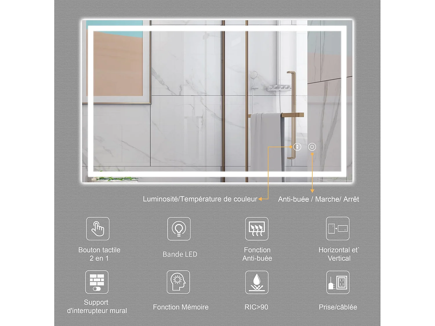 Specchio da bagno 100x60cm LED 30W, antiappannamento, dimmerabile 3 colori, interruttore touch, vetro antideflagrante