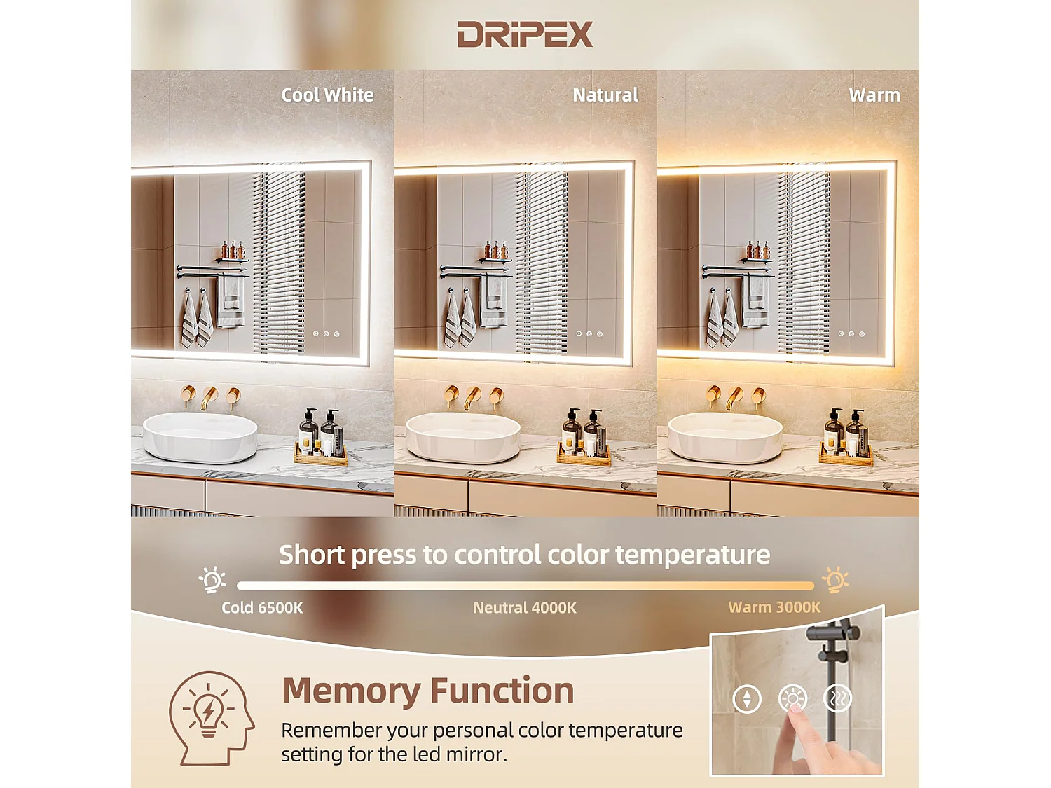 Miroir Salle de Bain 70x120cm avec Éclairage LED, Miroir Mural Dimmable 3 Couleurs, Interrupteur Tactile et Fonction Mémoire