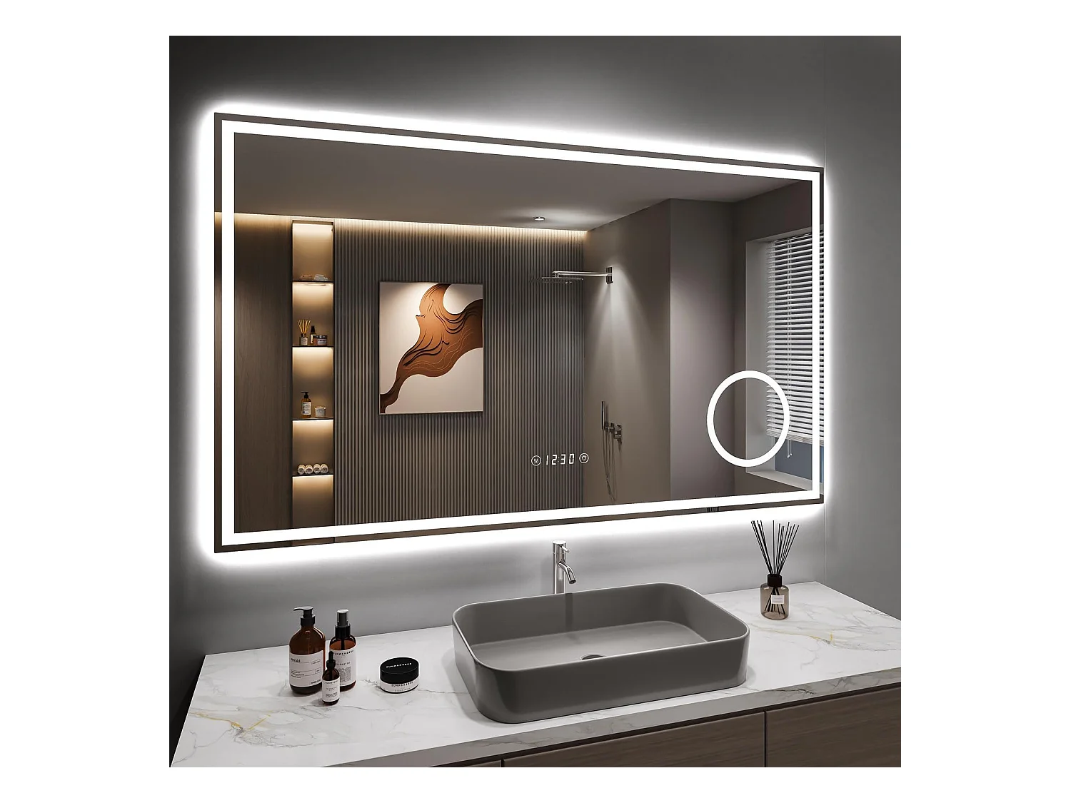 Specchio da bagno 100x60cm LED, antiappannamento, 3 lenti di ingrandimento, orologio, presa per rasoio, dimmerabile 3 colori, IP44