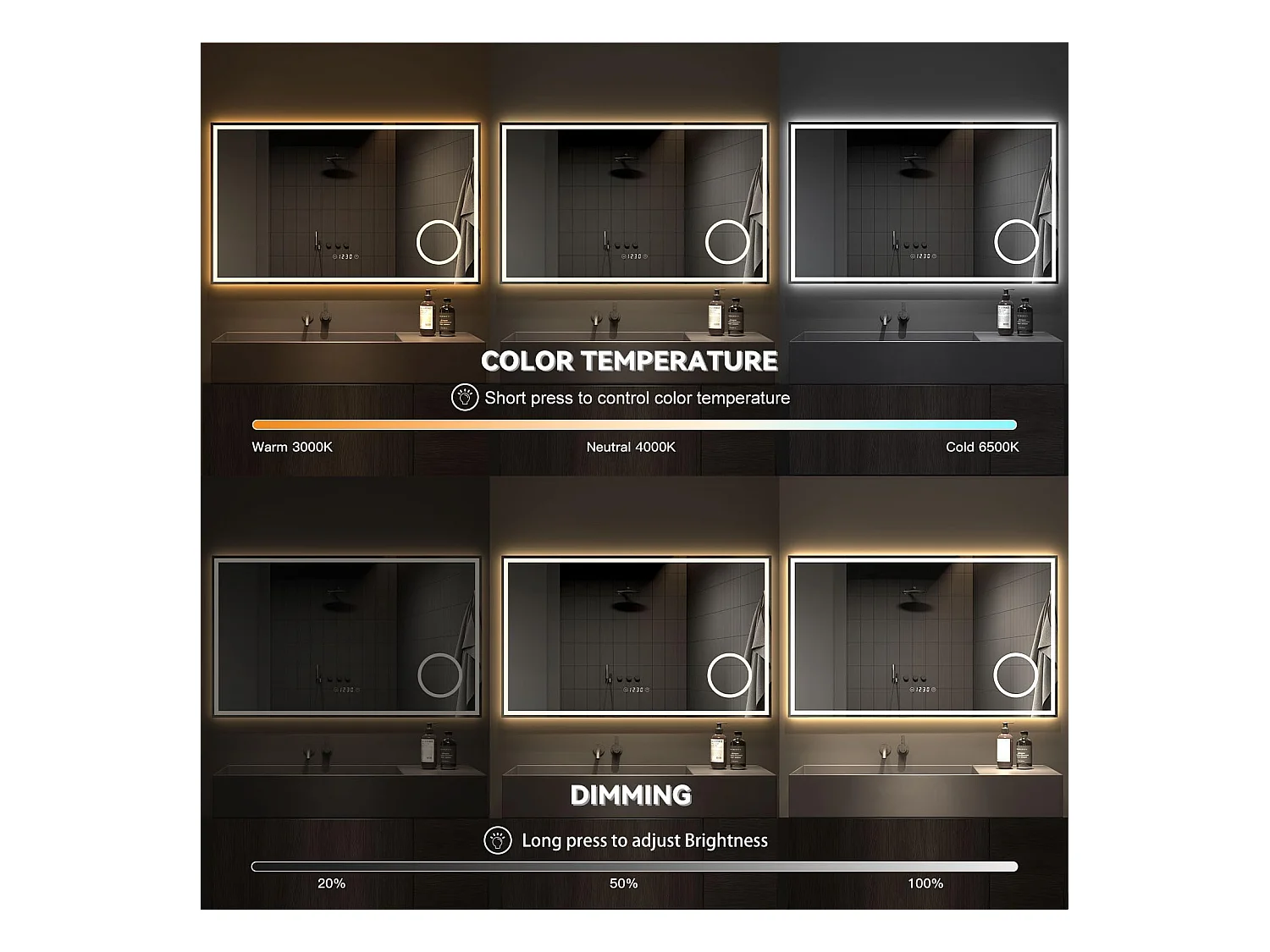 Specchio da bagno 100x60cm LED, antiappannamento, 3 lenti di ingrandimento, orologio, presa per rasoio, dimmerabile 3 colori, IP44