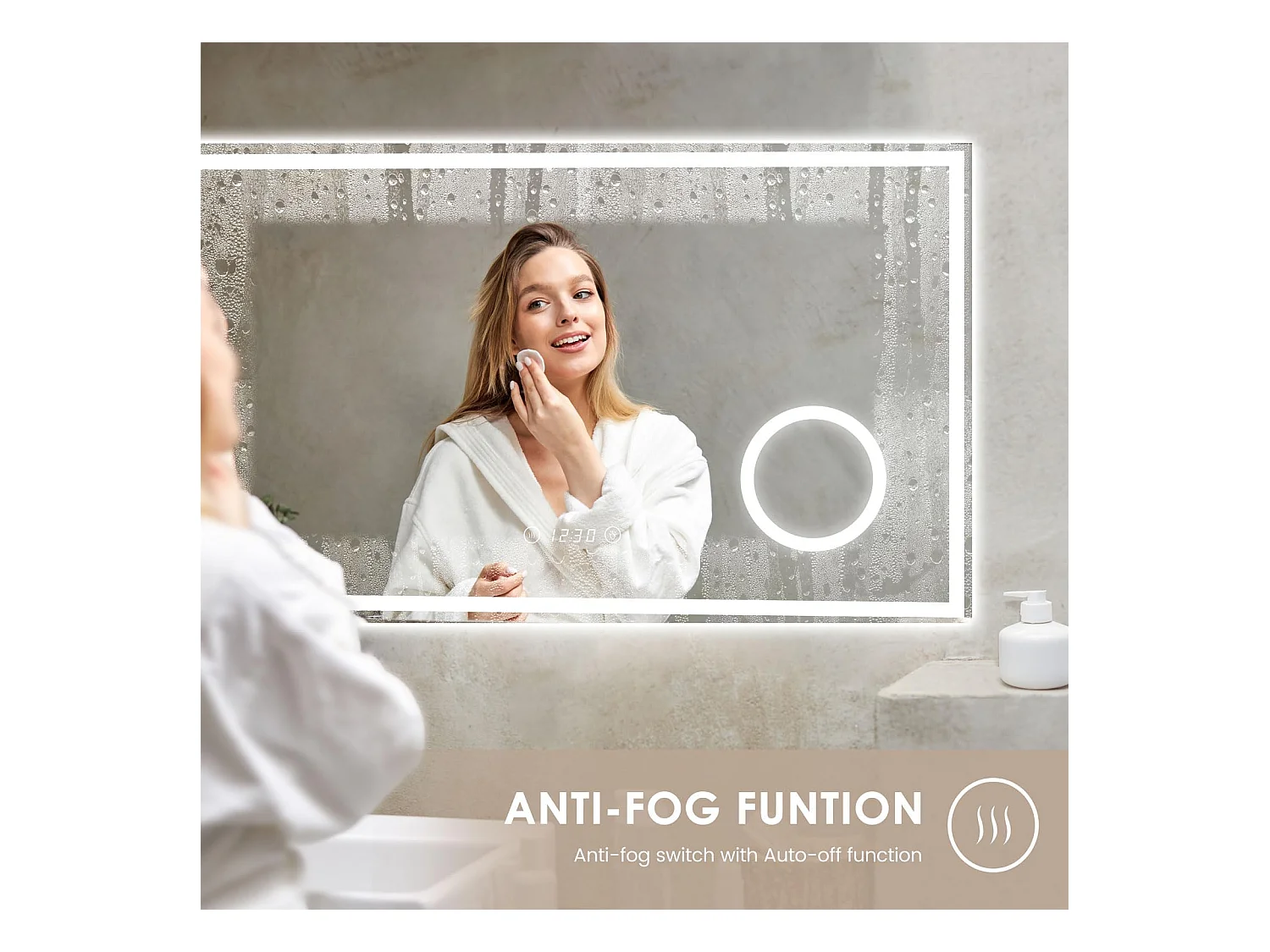 Specchio da bagno 100x60cm LED, antiappannamento, 3 lenti di ingrandimento, orologio, presa per rasoio, dimmerabile 3 colori, IP44