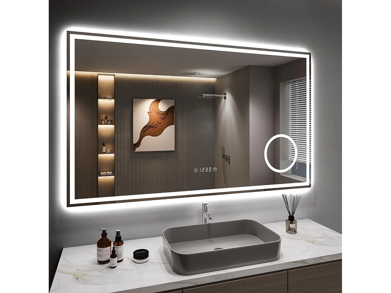Specchio da bagno 100x60cm LED, antiappannamento, 3 lenti di ingrandimento, orologio, presa per rasoio, dimmerabile 3 colori, IP44