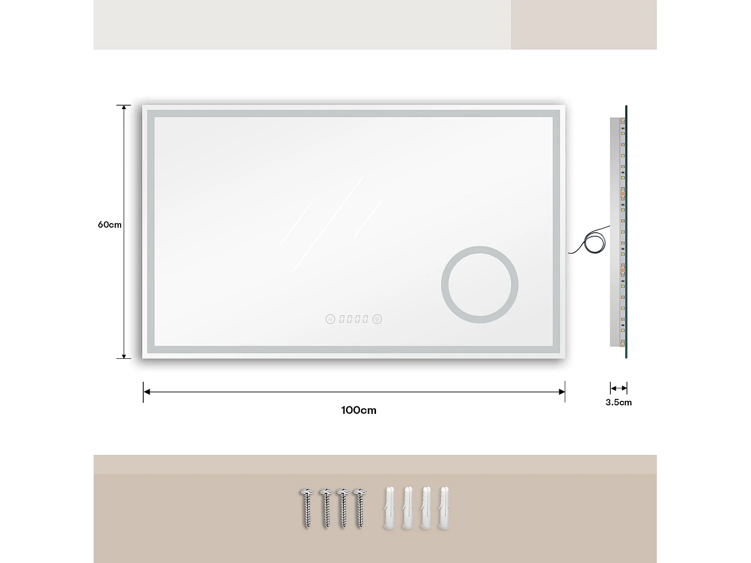 Specchio da bagno 100x60cm LED, antiappannamento, 3 lenti di ingrandimento, orologio, presa per rasoio, dimmerabile 3 colori, IP44
