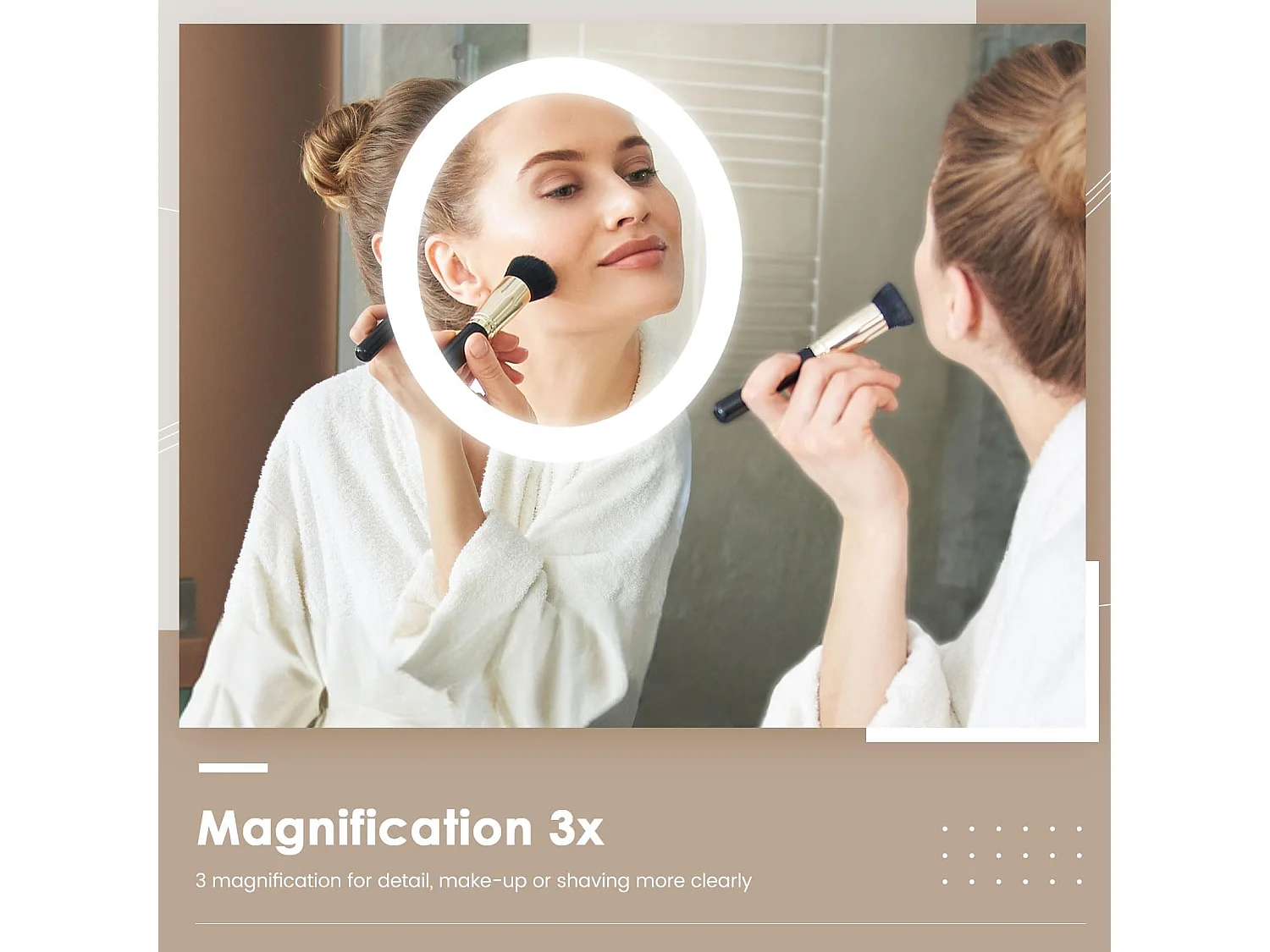 Specchio da bagno 100x60cm LED, antiappannamento, 3 lenti di ingrandimento, orologio, presa per rasoio, dimmerabile 3 colori, IP44