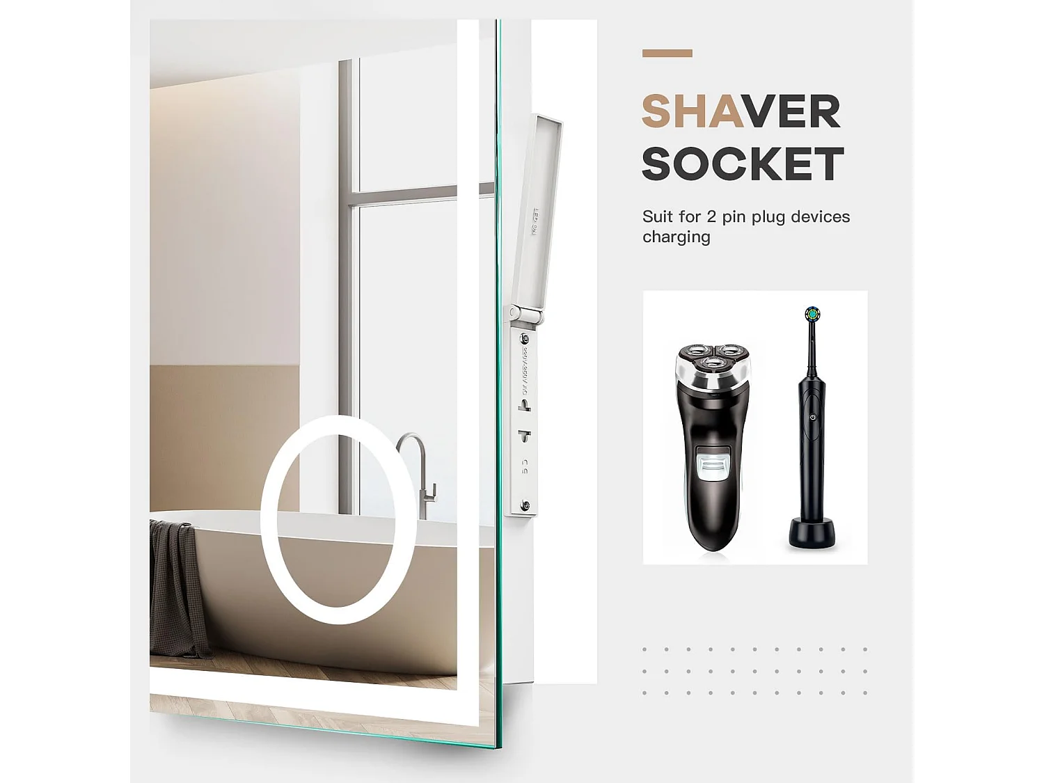 Specchio da bagno 100x60cm LED, antiappannamento, 3 lenti di ingrandimento, orologio, presa per rasoio, dimmerabile 3 colori, IP44