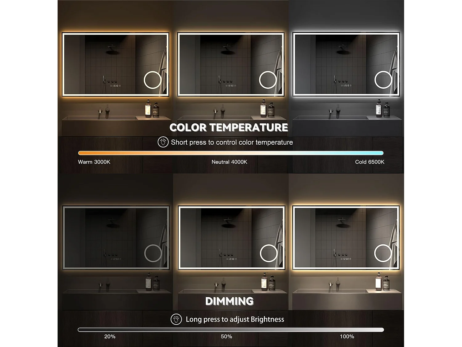 Specchio da bagno 100x60cm LED, antiappannamento, 3 lenti di ingrandimento, orologio, presa per rasoio, dimmerabile 3 colori, IP44