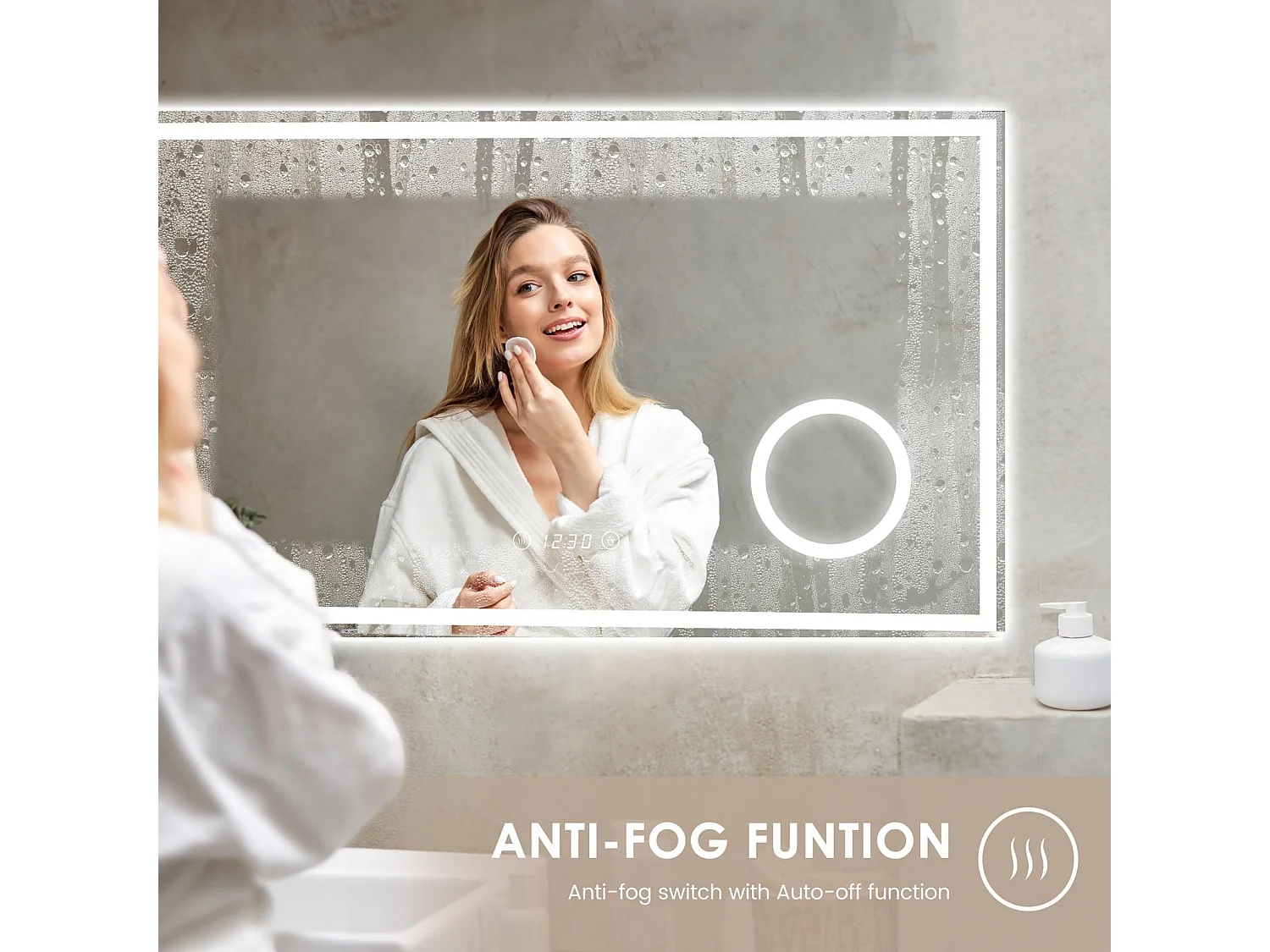 Specchio da bagno 100x60cm LED, antiappannamento, 3 lenti di ingrandimento, orologio, presa per rasoio, dimmerabile 3 colori, IP44