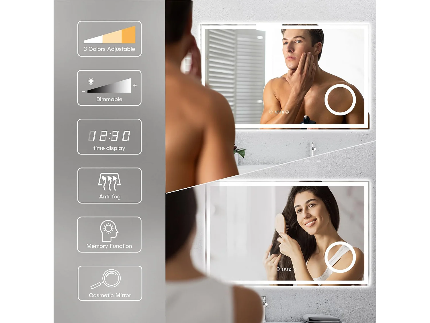 Specchio da bagno 100x60cm LED, antiappannamento, 3 lenti di ingrandimento, orologio, presa per rasoio, dimmerabile 3 colori, IP44