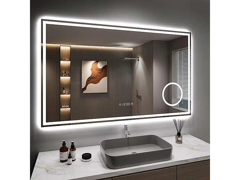 Miroir Salle de Bain 100x60cm LED, Anti-buée, 3 Loupe, Horloge, Prise Rasoir, Dimmable 3 Couleurs, IP44