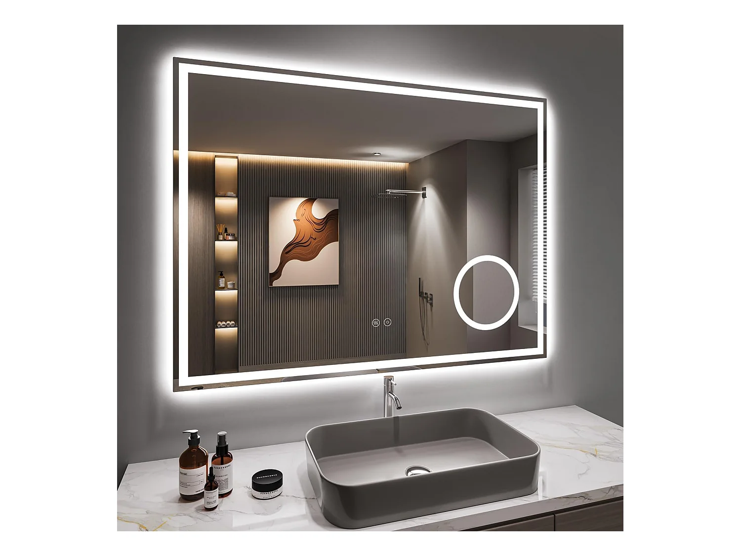 Specchio da bagno 80x60cm LED, antiappannamento, 3 lenti di ingrandimento, dimmerabile 3 colori, presa per rasoio, IP44