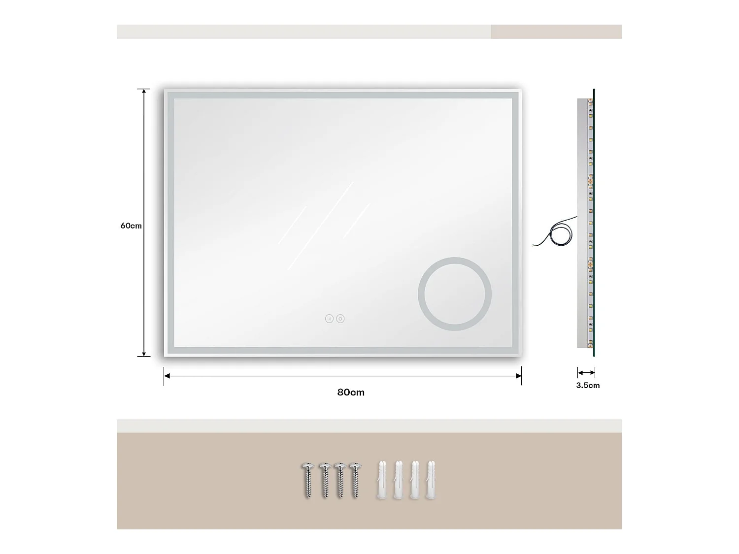 Specchio da bagno 80x60cm LED, antiappannamento, 3 lenti di ingrandimento, dimmerabile 3 colori, presa per rasoio, IP44