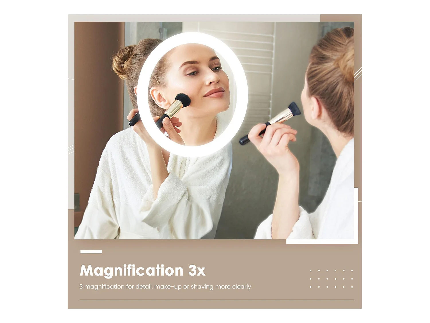 Specchio da bagno 80x60cm LED, antiappannamento, 3 lenti di ingrandimento, dimmerabile 3 colori, presa per rasoio, IP44